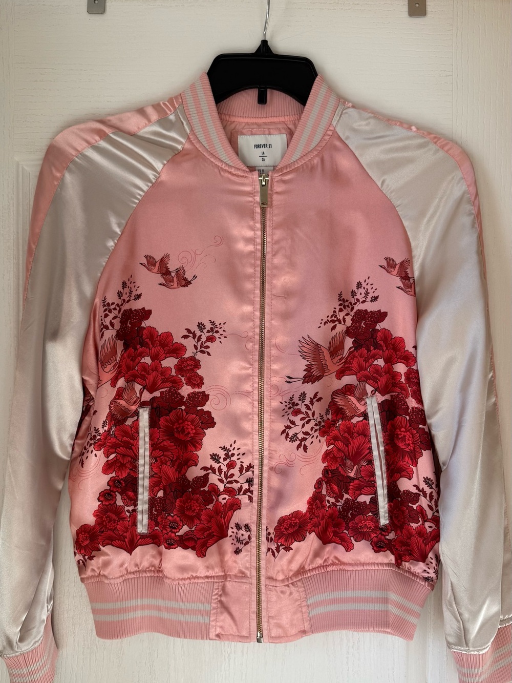Forever 21 | Women’s Pink Satin Bomber Jacket with Red Floral Embroidery